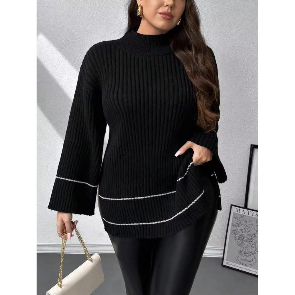 SHEIN Black Turtleneck Sweater White Trim Knitted Pullover 3XL Side Slit Warm